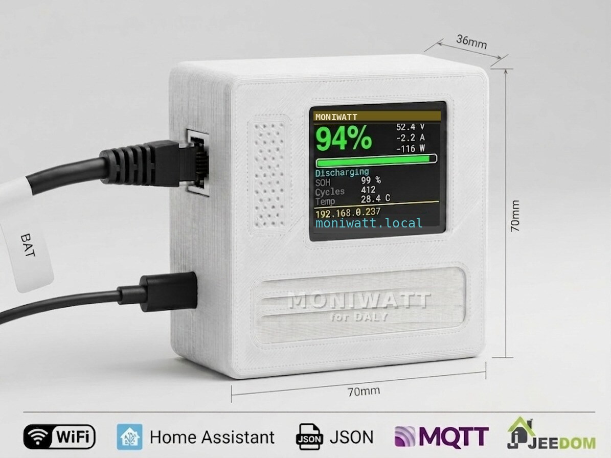 Daly Monitor box with screen displaying battery charge, voltage and current