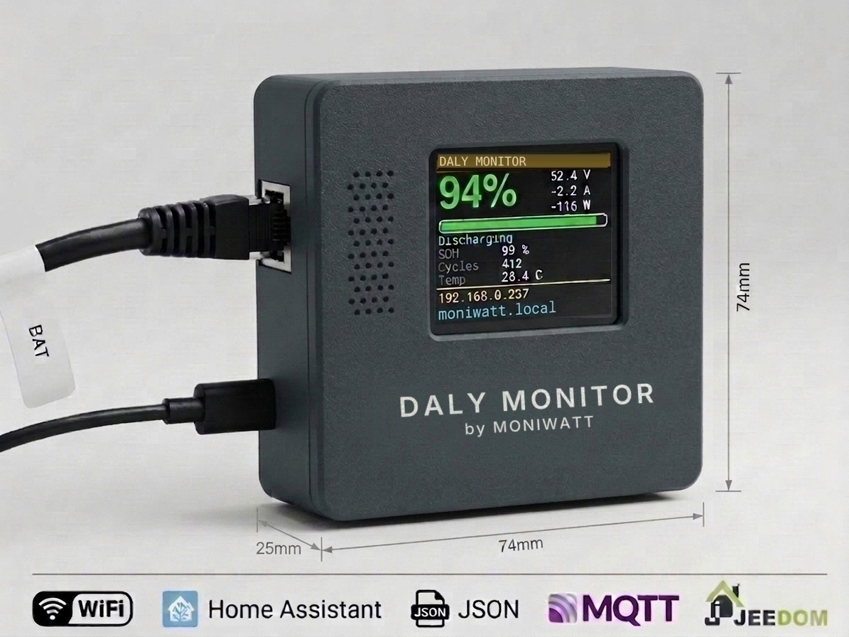 Caja Daly Monitor con pantalla que muestra la carga, la tensión y la corriente de la batería